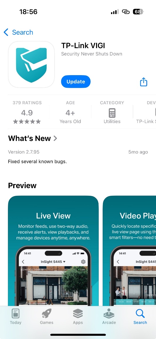 Application store page showing the VIGI App update option
