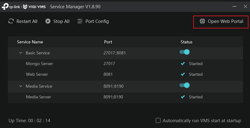 VIGI VMS Service Manager page showing running VMS services