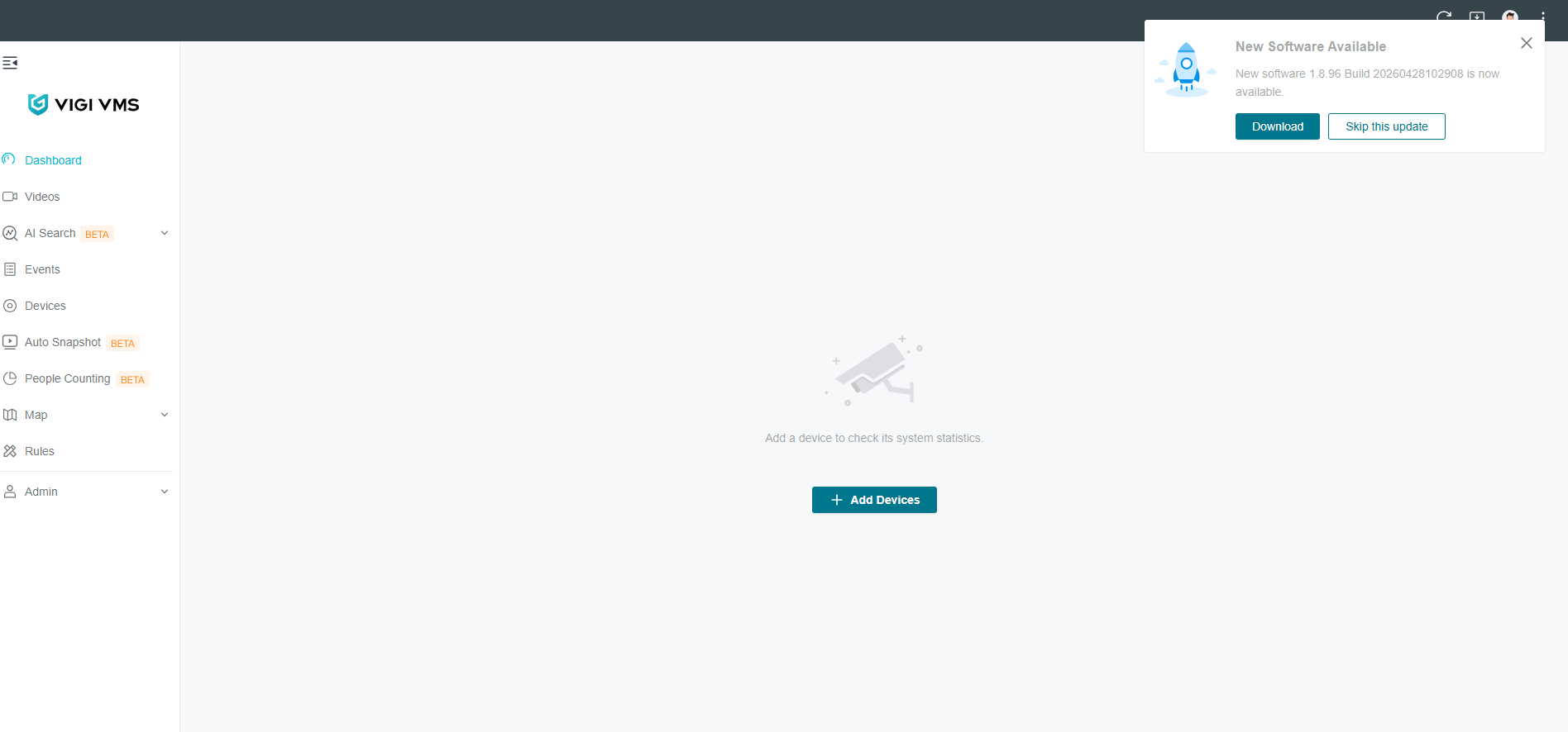 VIGI VMS update notification showing a new software version