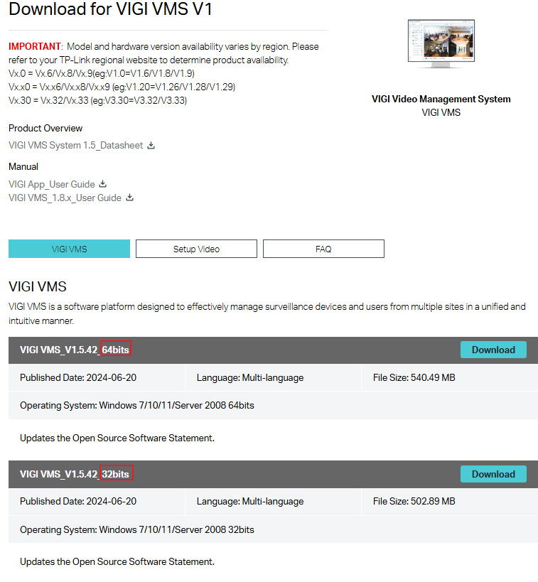 TP-Link Download Center showing VIGI VMS Software downloads