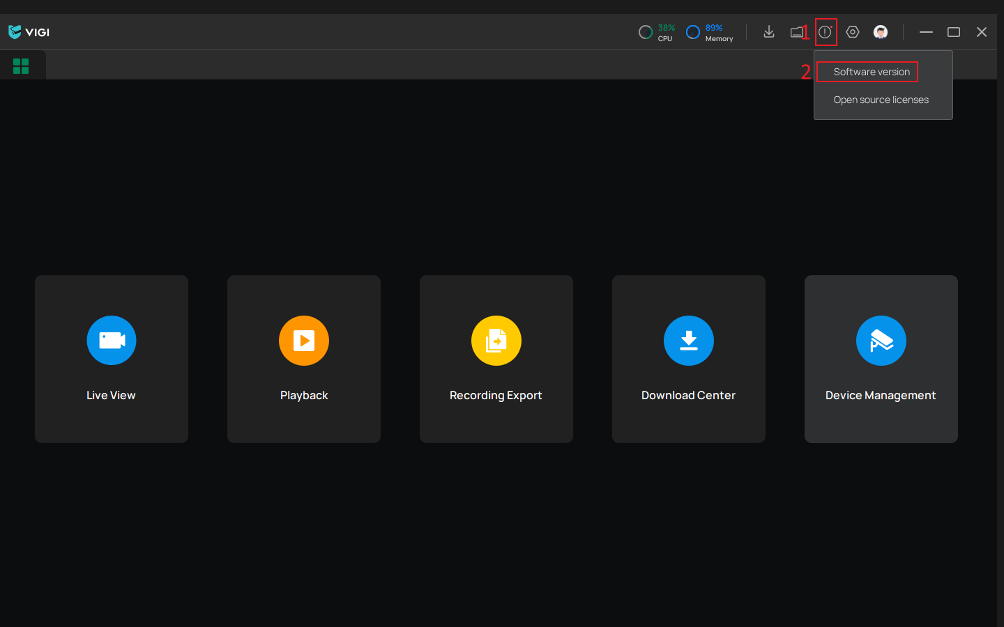 VIGI PC Client home page showing the Software version option