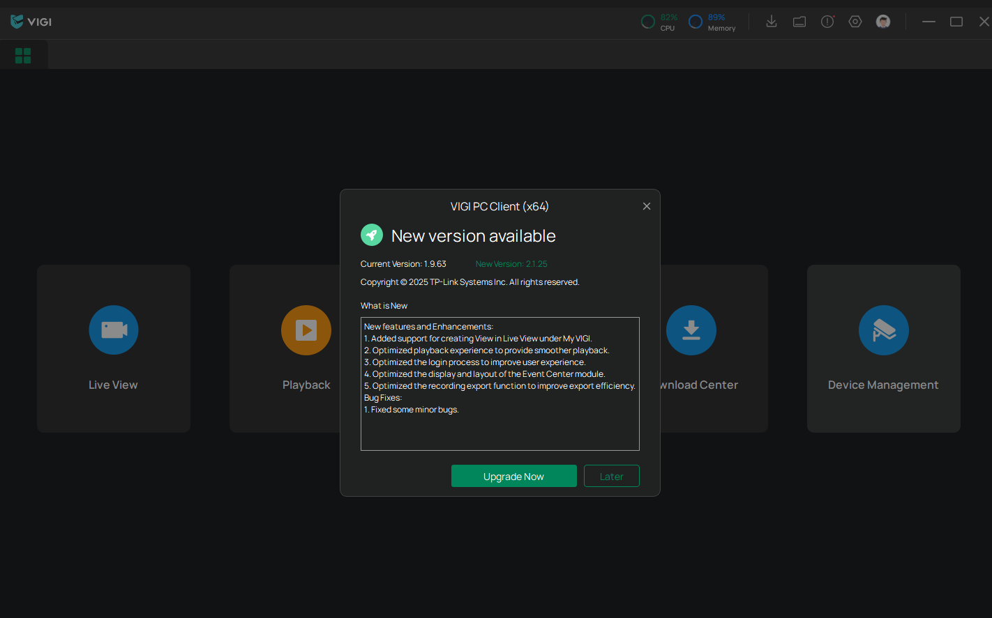 VIGI PC Client pop-up showing the Upgrade Now option