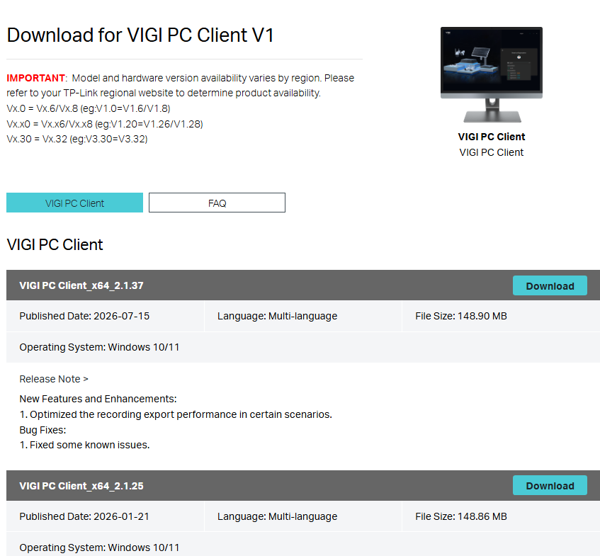 TP-Link Download Center showing VIGI PC Client downloads