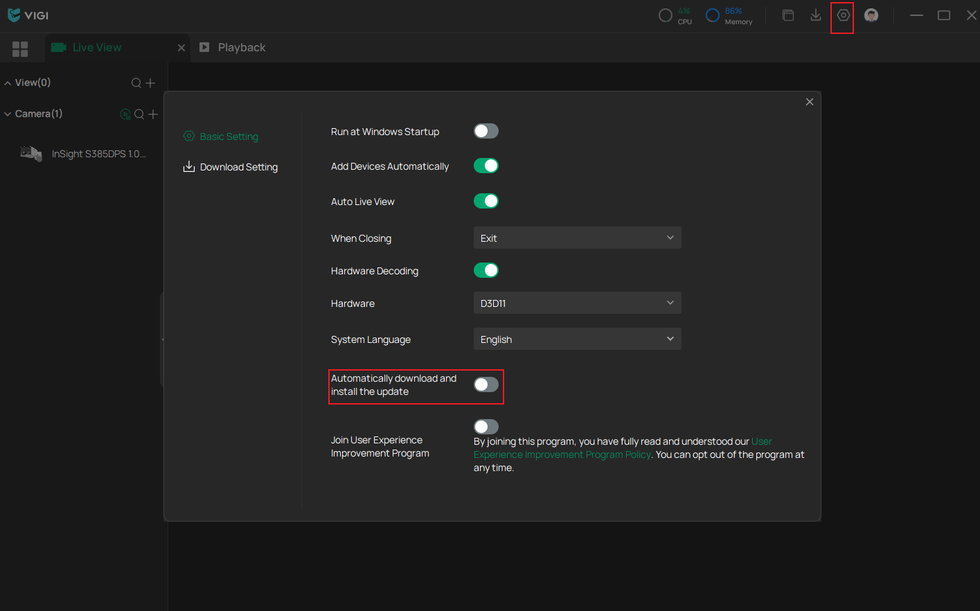 VIGI PC Client Basic Settings page showing Automatically download and install the update option