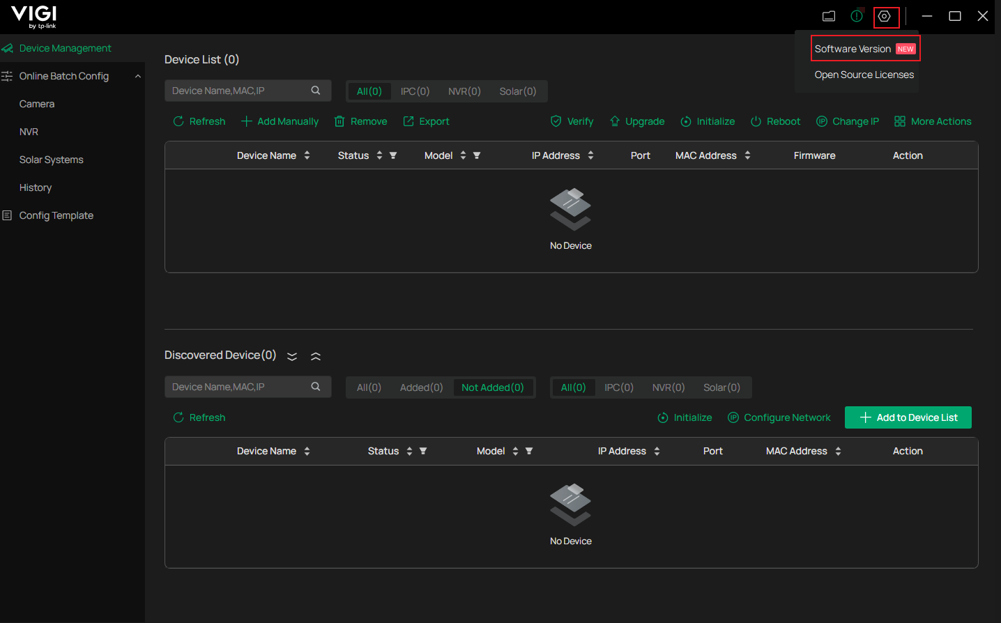VIGI Config Tool home page showing the Software version option