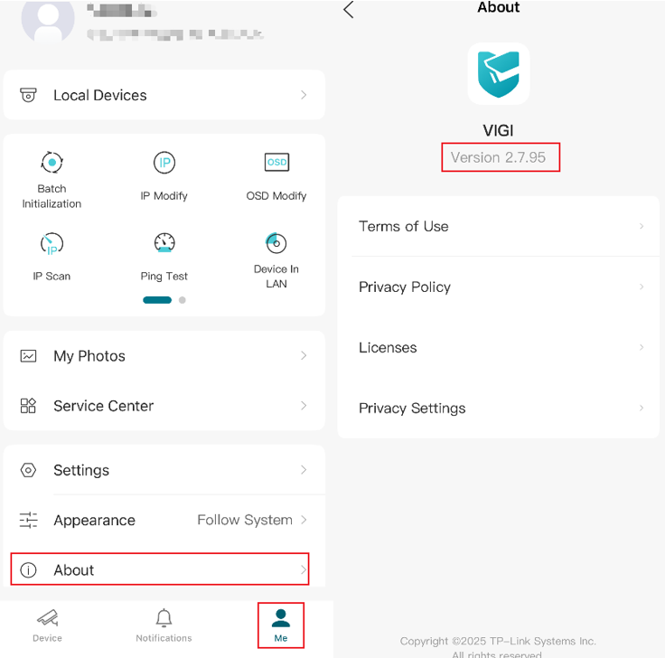 VIGI App About page check version