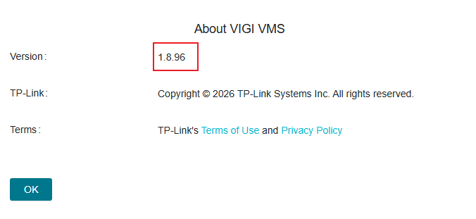About VIGI VMS page showing version information