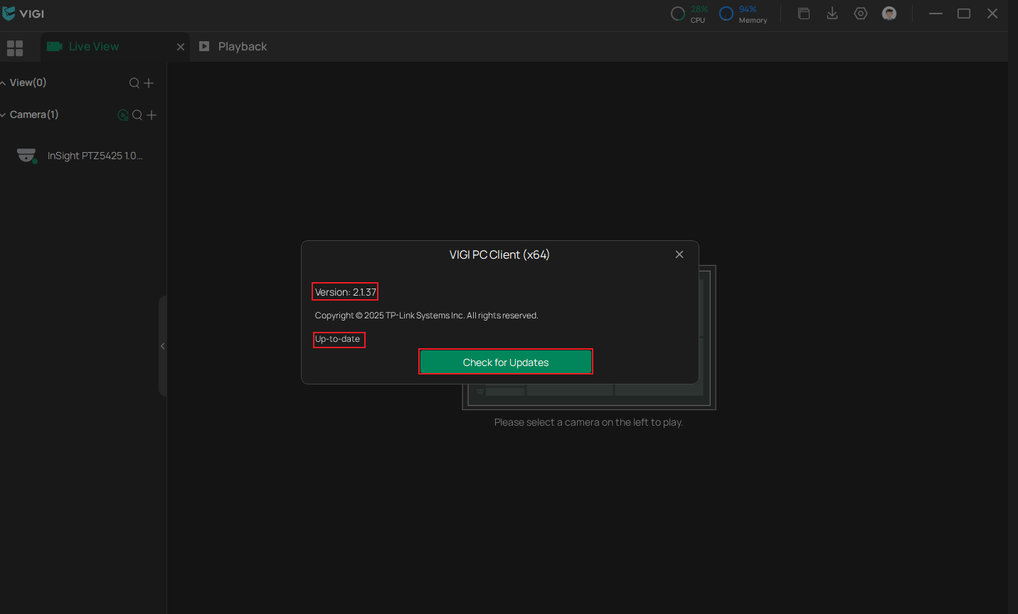 VIGI PC Client About page showing version information