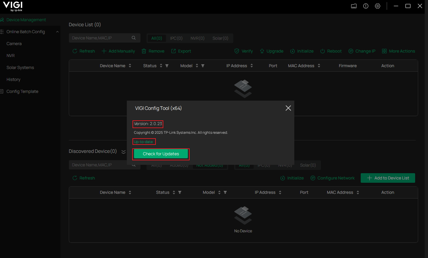 VIGI Config Tool About page showing version information