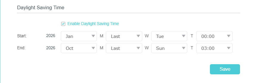 Daylight Saving Time Settings Page.