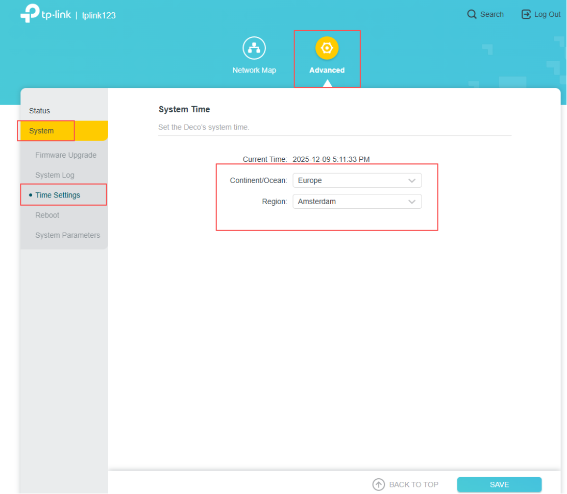 Time Settings page.