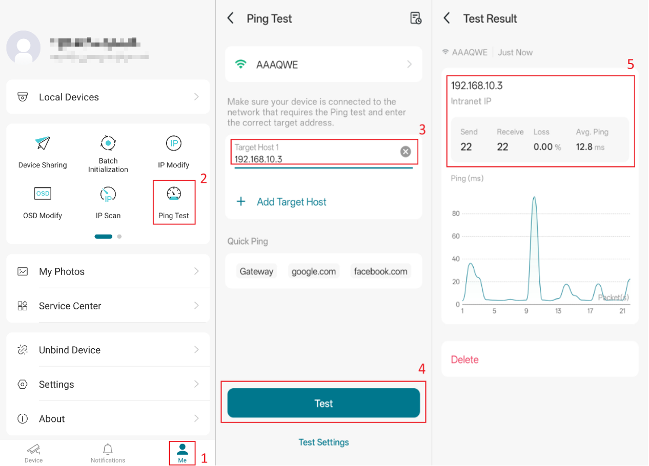 Shows the Ping Test process in the VIGI App and an example of the ping
