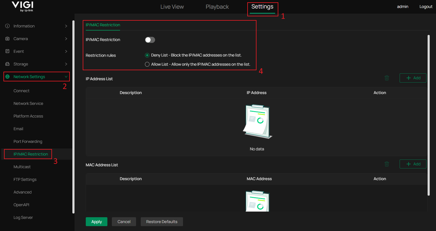 Location of the IP/MAC Restriction settings in the VIGI camera Web UI