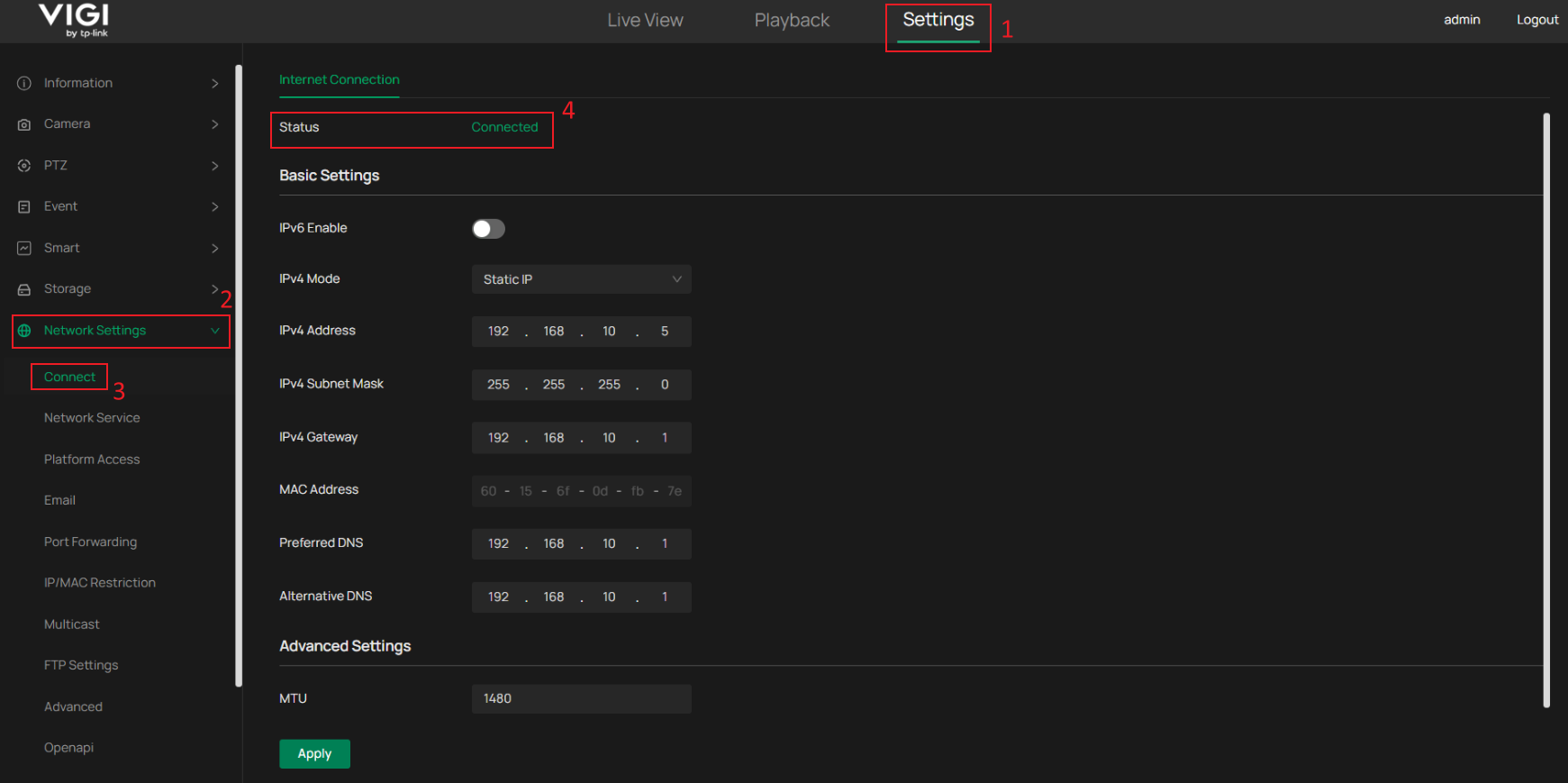Location of the Internet Connection Status in the VIGI camera Web UI