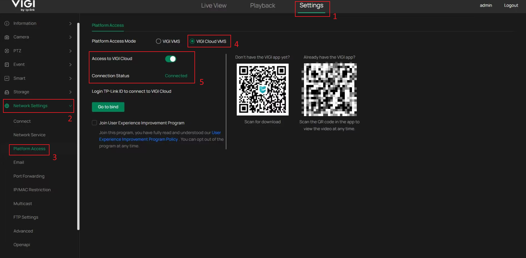Location of the Platform Connection Status in the VIGI camera Web UI