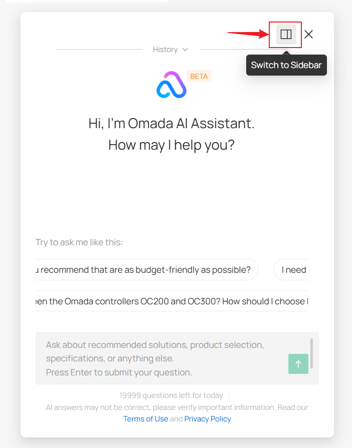 Switch to Sidebar button in the Omada AI Assistant window.