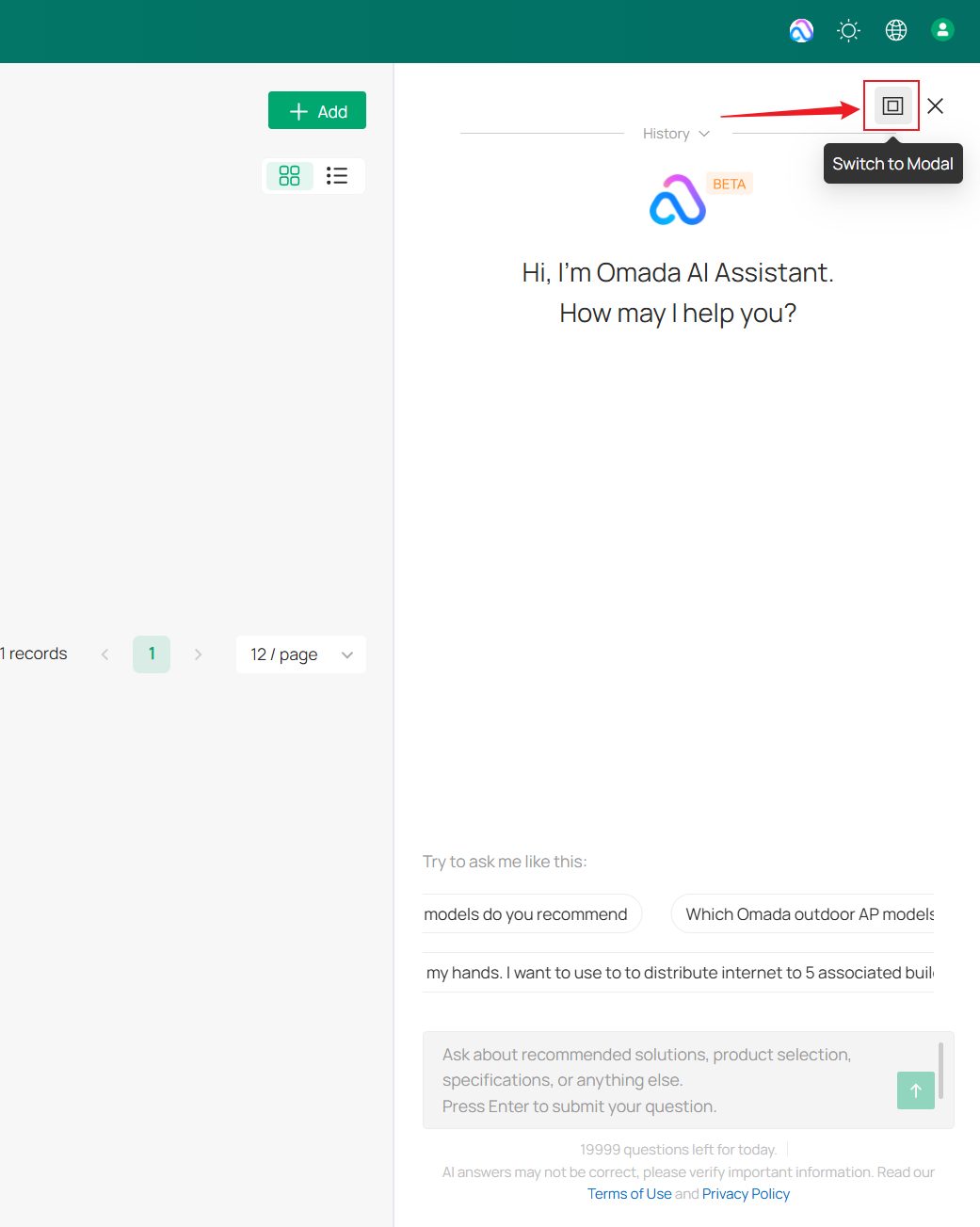 Click "Switch to Modal" to switch to dialog window mode.