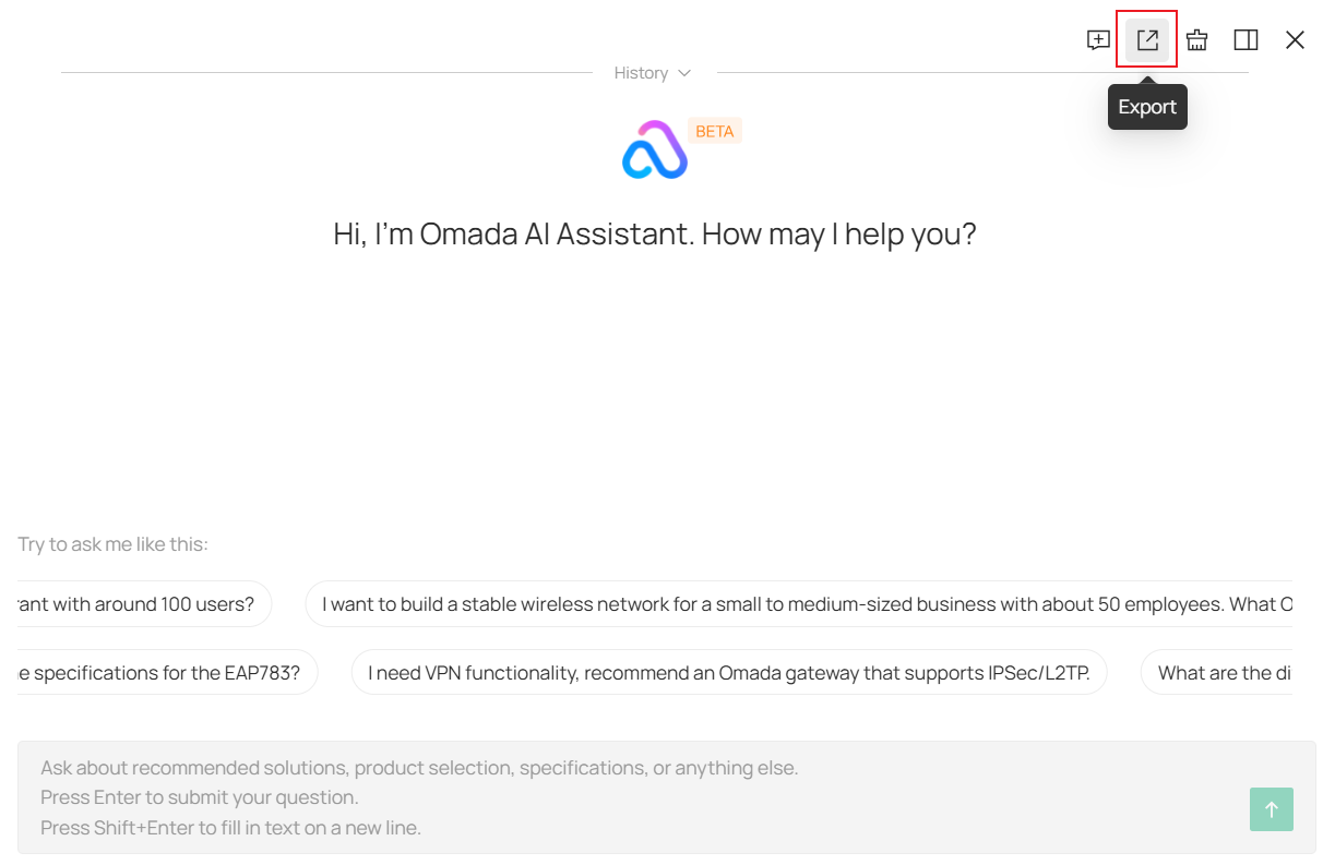Export button in the Omada AI Assistant.