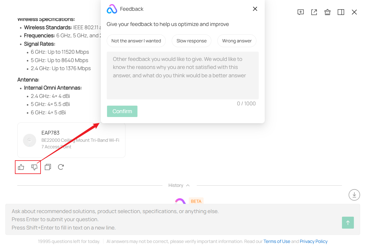 Feedback options displayed beneath an AI-generated response.
