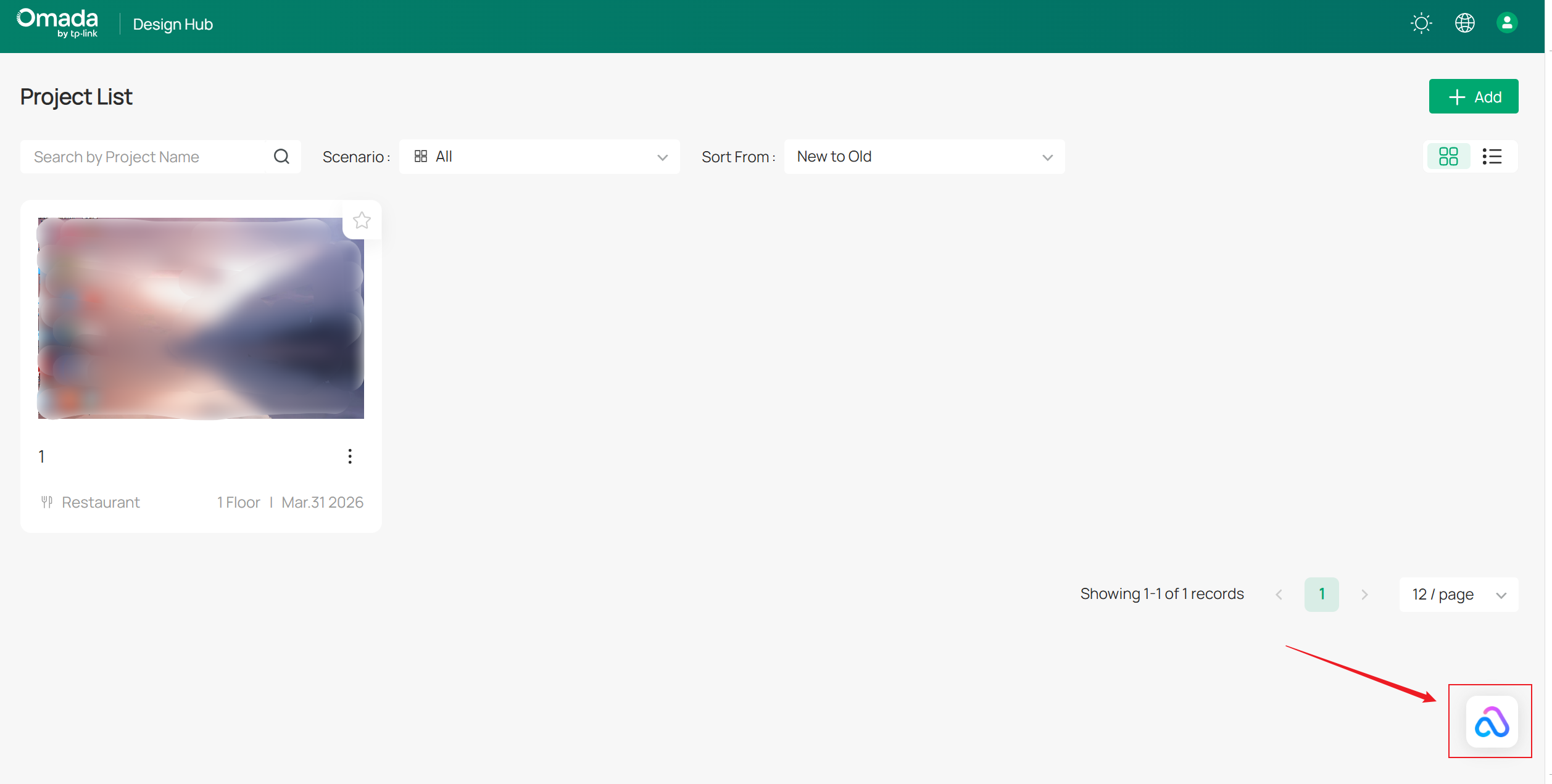 Omada AI Assistant icon displayed in the lower-right corner of Omada Design Hub.