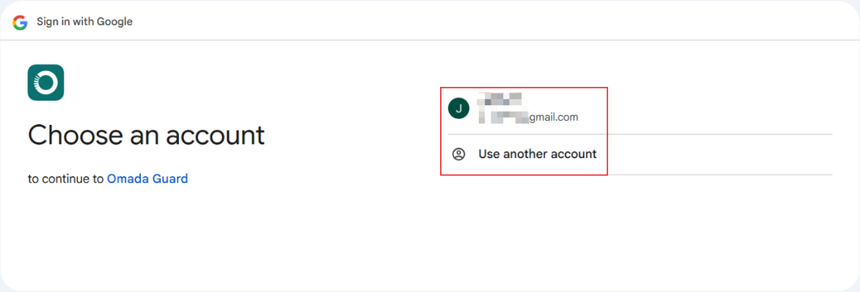 Google account selection page for choosing the account to link with Omada Guard.