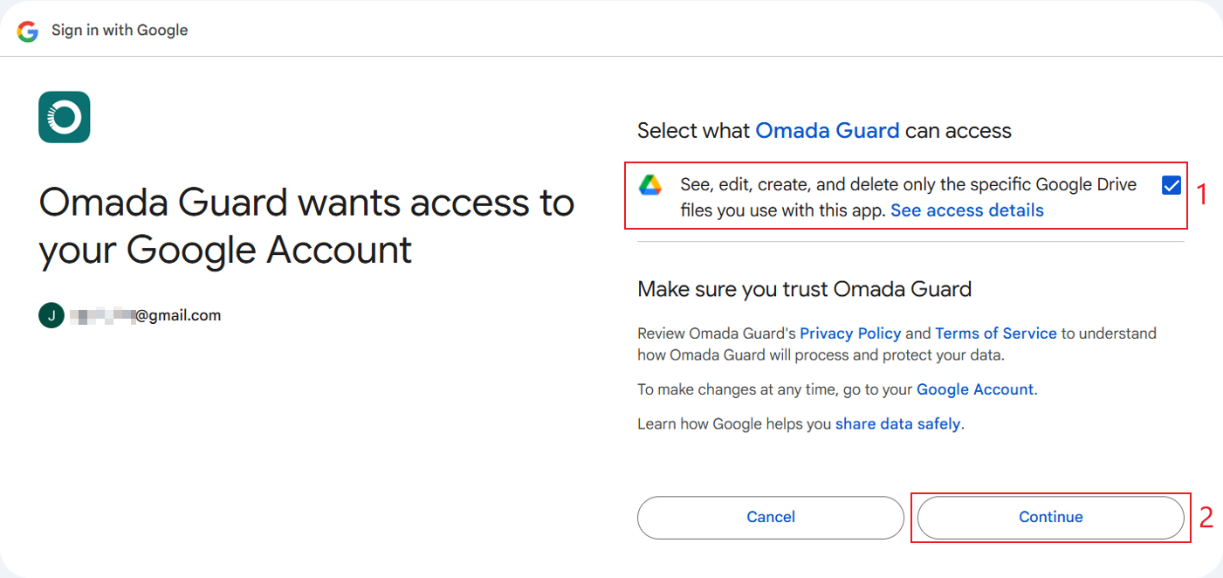 Google permission page showing Omada Guard access to Google Drive and the Continue button.