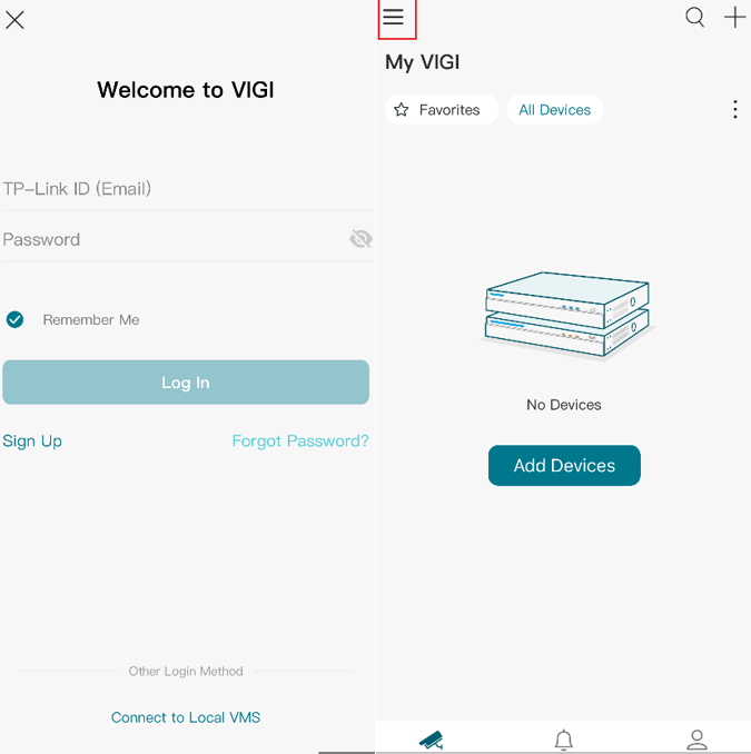 VIGI App home page showing the organization switch icon