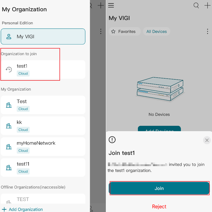 VIGI App showing the Organization to join