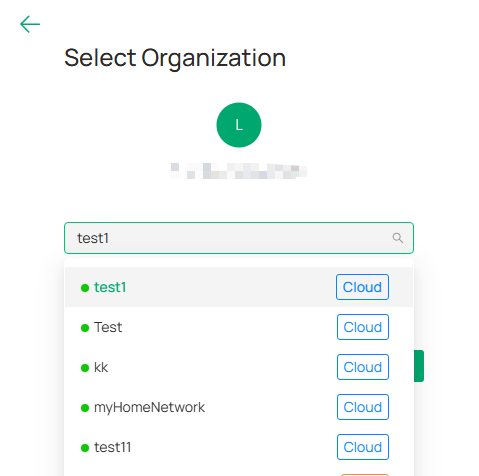 Organization Selection page showing the available Cloud Organization