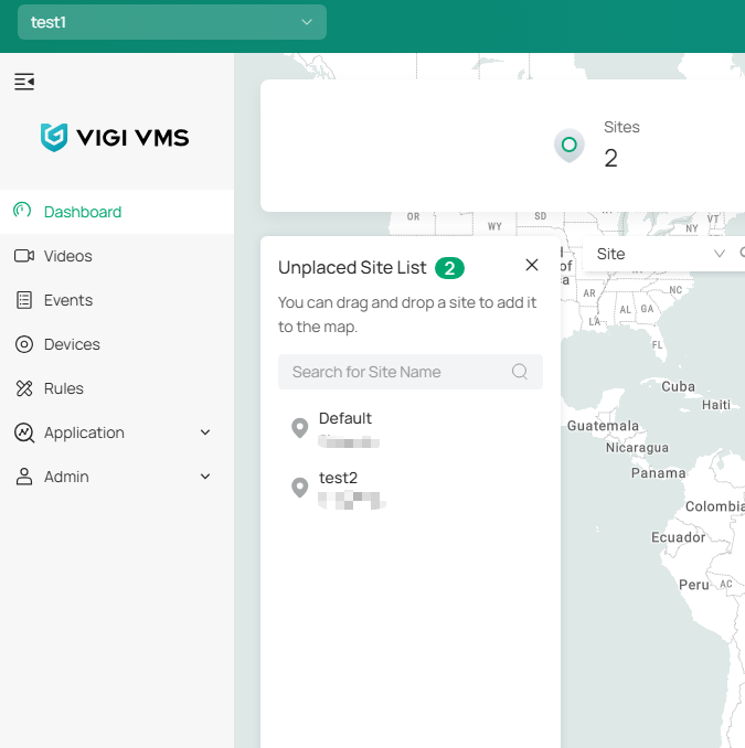 VIGI Cloud VMS web portal showing the accepted organization overview