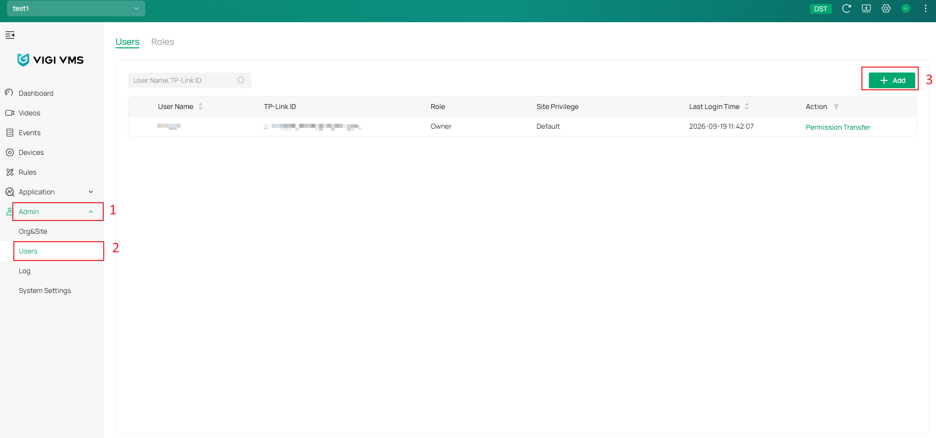 VIGI Cloud VMS User page showing the Add option