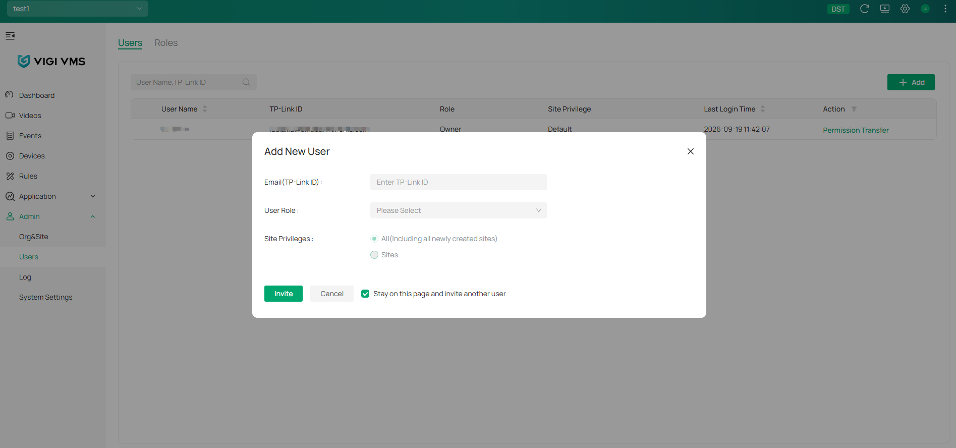 VIGI VMS User Management page showing Add New User Option