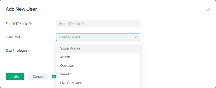 VIGI Cloud VMS User Management page showing user account permissions