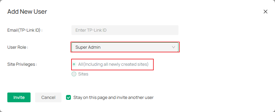 Super Admin site privileges page