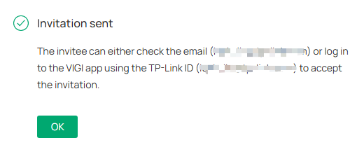 Invitation success message after sending a user invitation