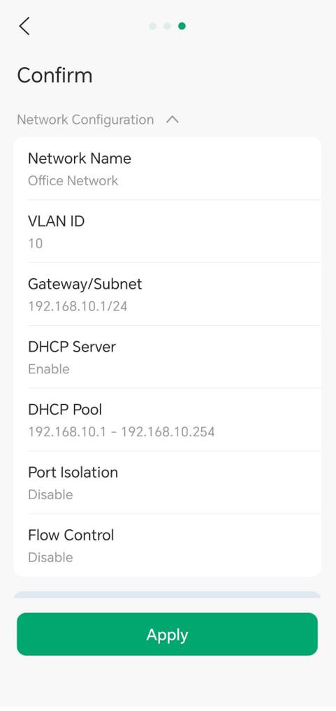 Confirm page showing the VLAN network configuration before applying settings