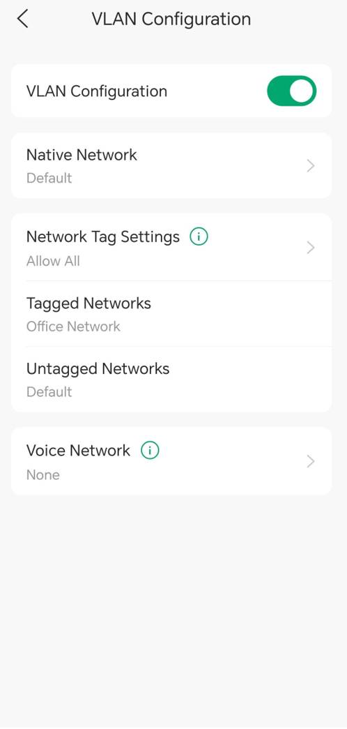VLAN Configuration page showing Native Network, Tagged Networks, and Untagged Networks settings