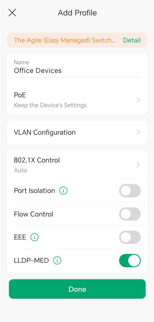 Add Profile page showing the VLAN Configuration option in a switch profile