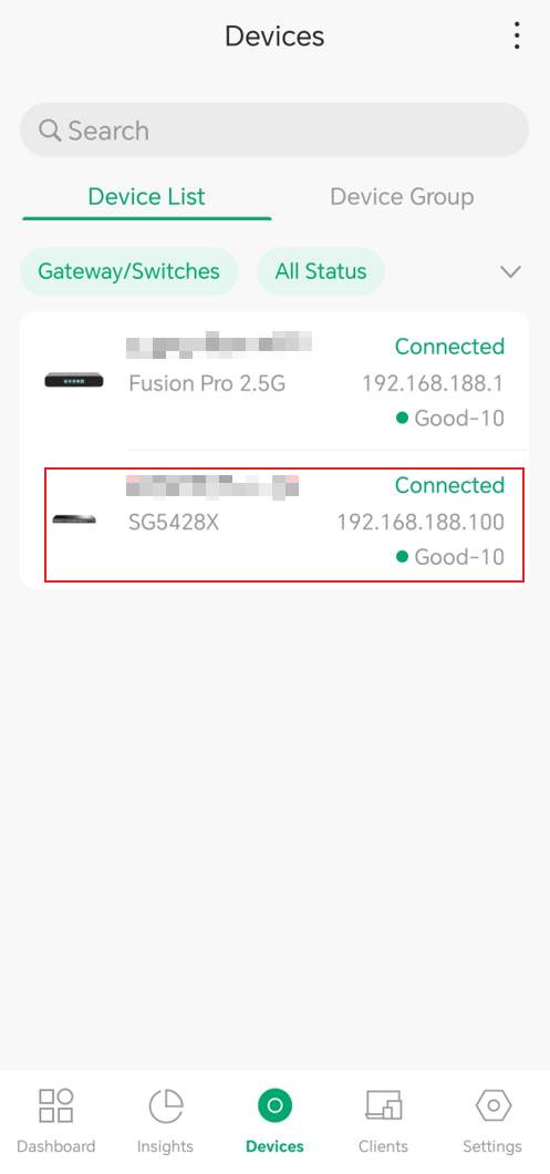 Devices page showing the selected SG5428X switch in the device list