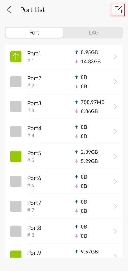 Port List page showing the batch edit button for configuring multiple switch ports
