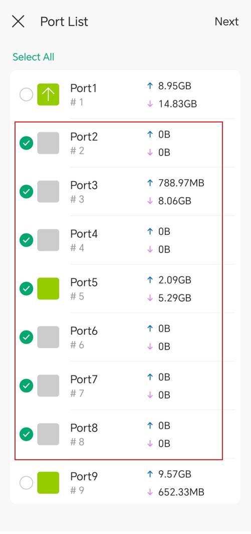 Port List page with Ports 2 through 8 selected for editing