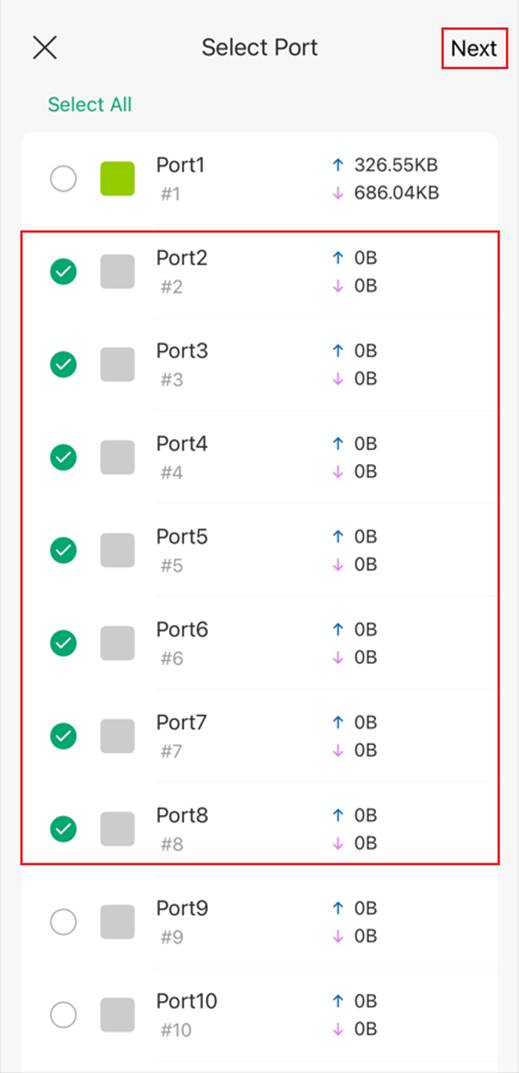 Ports 2 through 8 selected for batch configuration on the Select Port page