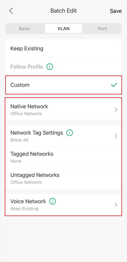 VLAN settings page showing Custom mode and port VLAN configuration options