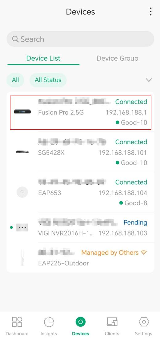 Devices page showing the selected Fusion Pro 2.5G gateway