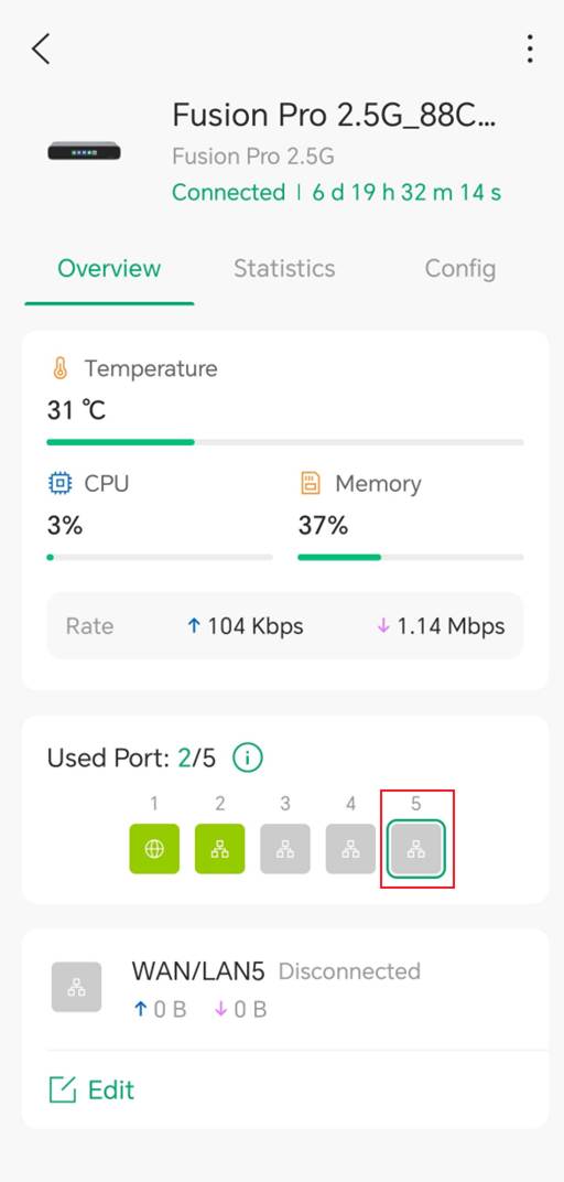 Fusion Pro 2.5G overview page with Port 5 highlighted