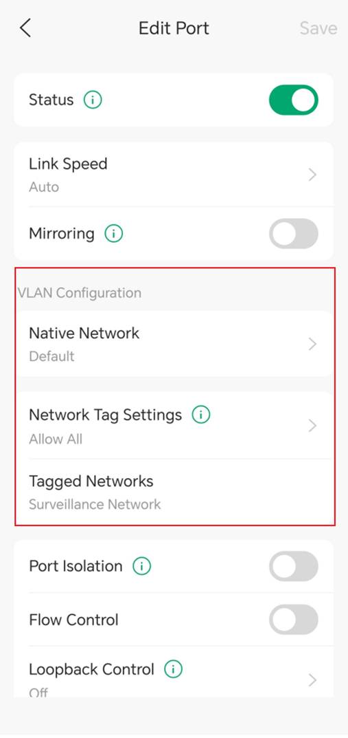 Edit Port page showing Native Network, Network Tag Settings, and Tagged Networks