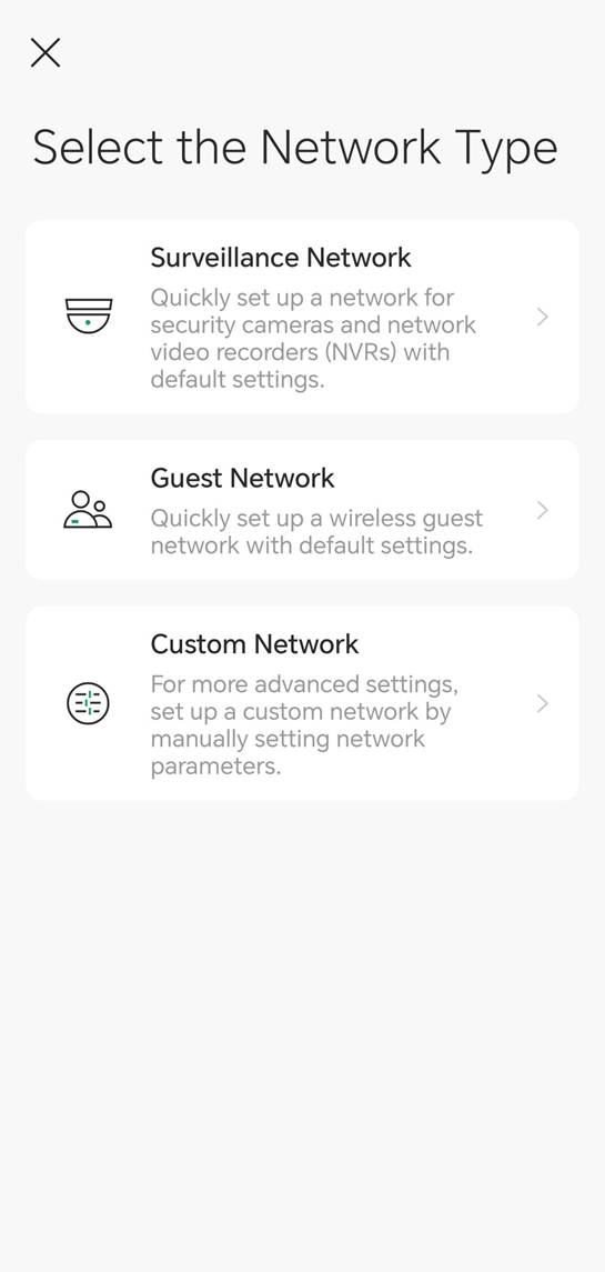 Omada App Network Wizard showing Surveillance, Guest, and Custom Network options