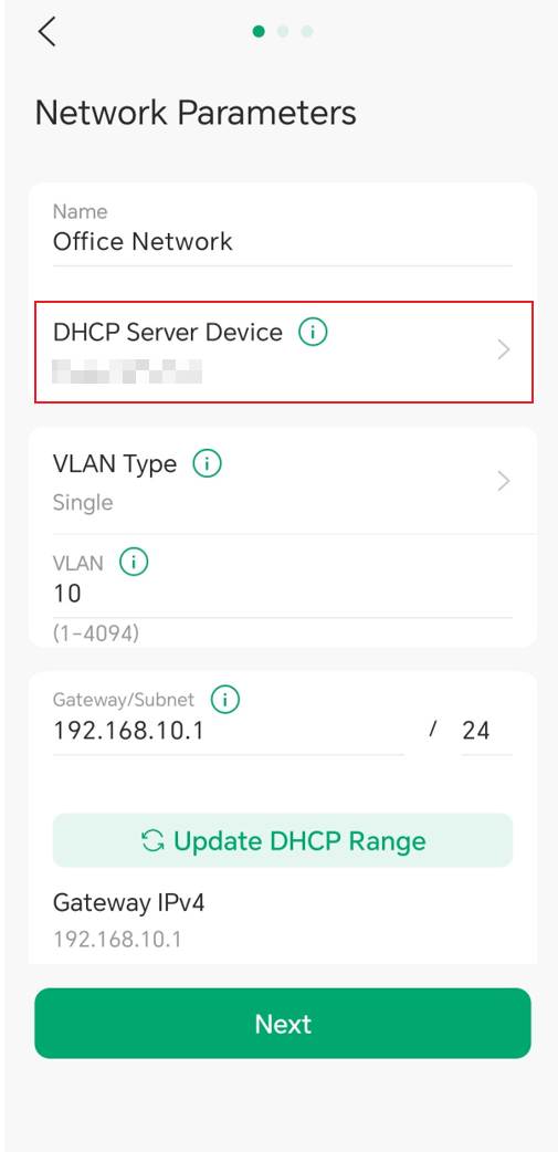 Configure the DHCP server device when creating a VLAN network in the Omada App