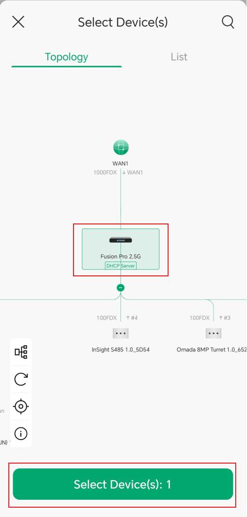 Select Device(s) page with Fusion Pro 2.5G selected in the topology view