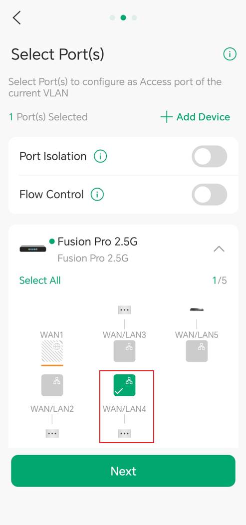 Fusion Pro 2.5G port selection page showing WAN/LAN4 selected